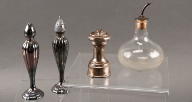 Appraisal: Sterling Topped Cruet Salt Pepper Pepper Grinder To include pieces