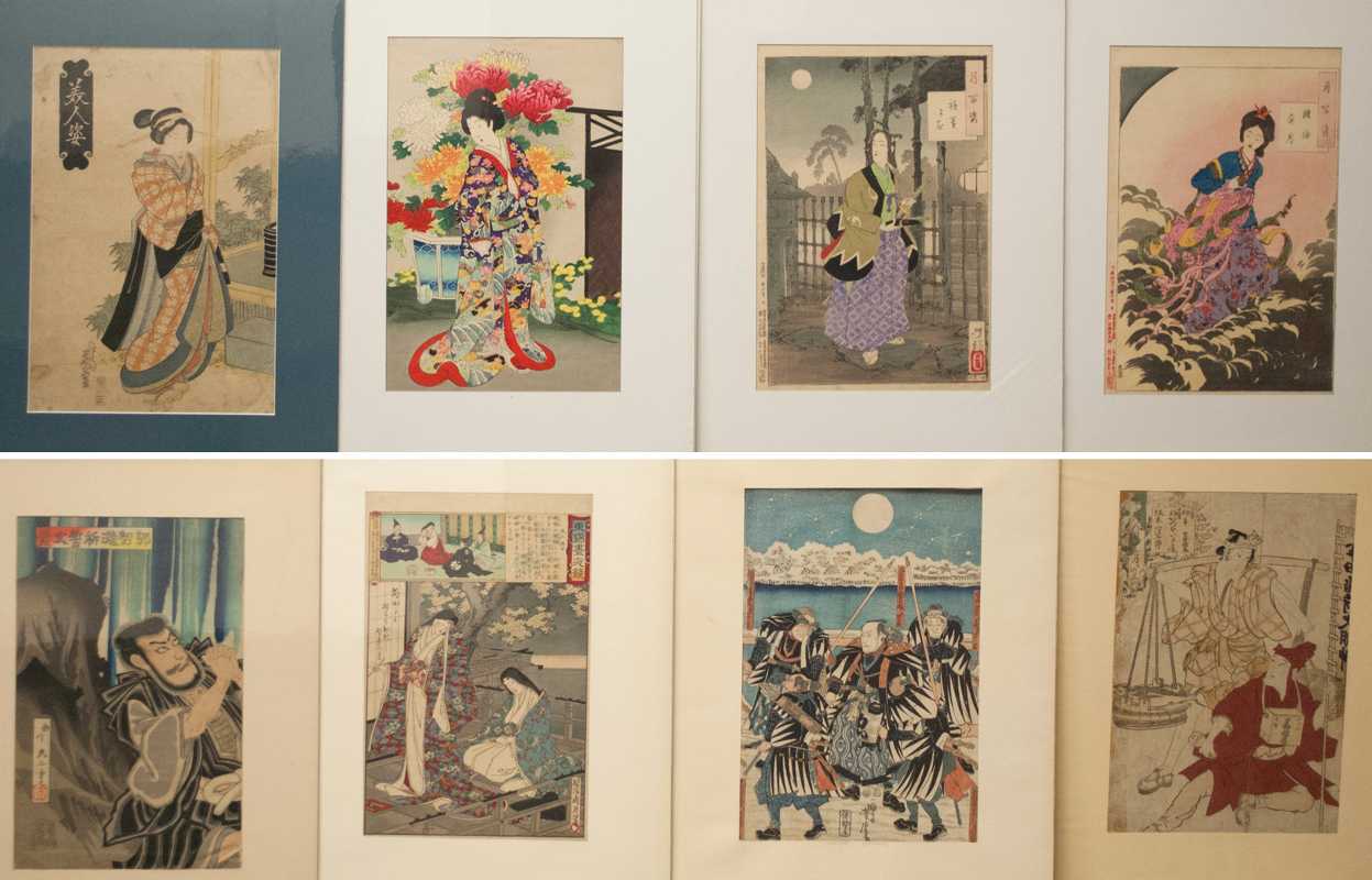 Appraisal: EIGHT WOODCUTS VARIOUS FIGURES AND GEISHA One by Yoshitora Japan