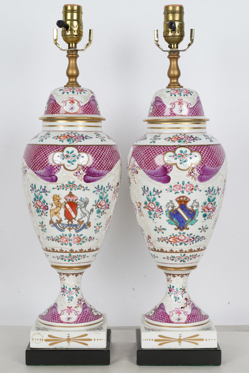 Appraisal: PAIR OF PORCELAIN COVERED URNSmounted as lamps Urns measuring inches