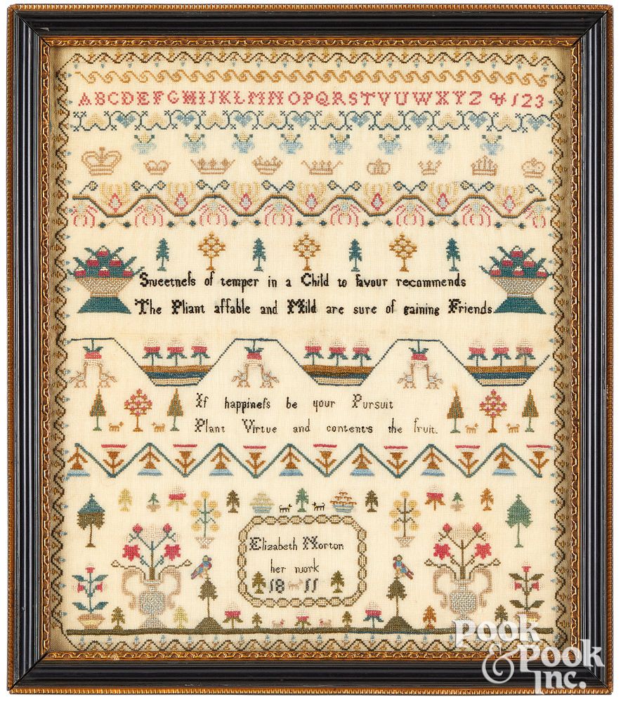 Appraisal: Fine English silk on linen sampler dated English silk on