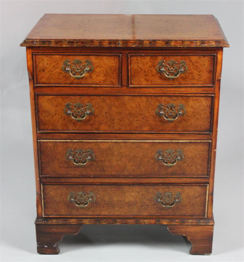 Appraisal: GEORGE I STYLE INLAID BURL WALNUT MINIATURE CHEST OF DRAWERS