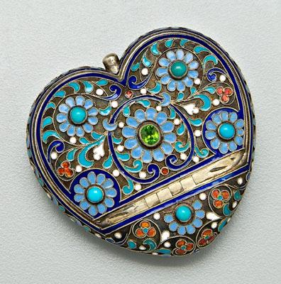 Appraisal: Russian silver and enamel heart box hinged lid set with