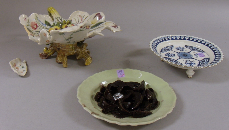 Appraisal: French Faience Deep Dish Fruit Plate and Footed Leaf-form Dish