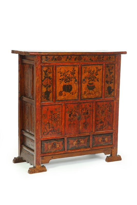 Appraisal: DECORATED CUPBOARD Mongolia late th century elm Mortised construction with