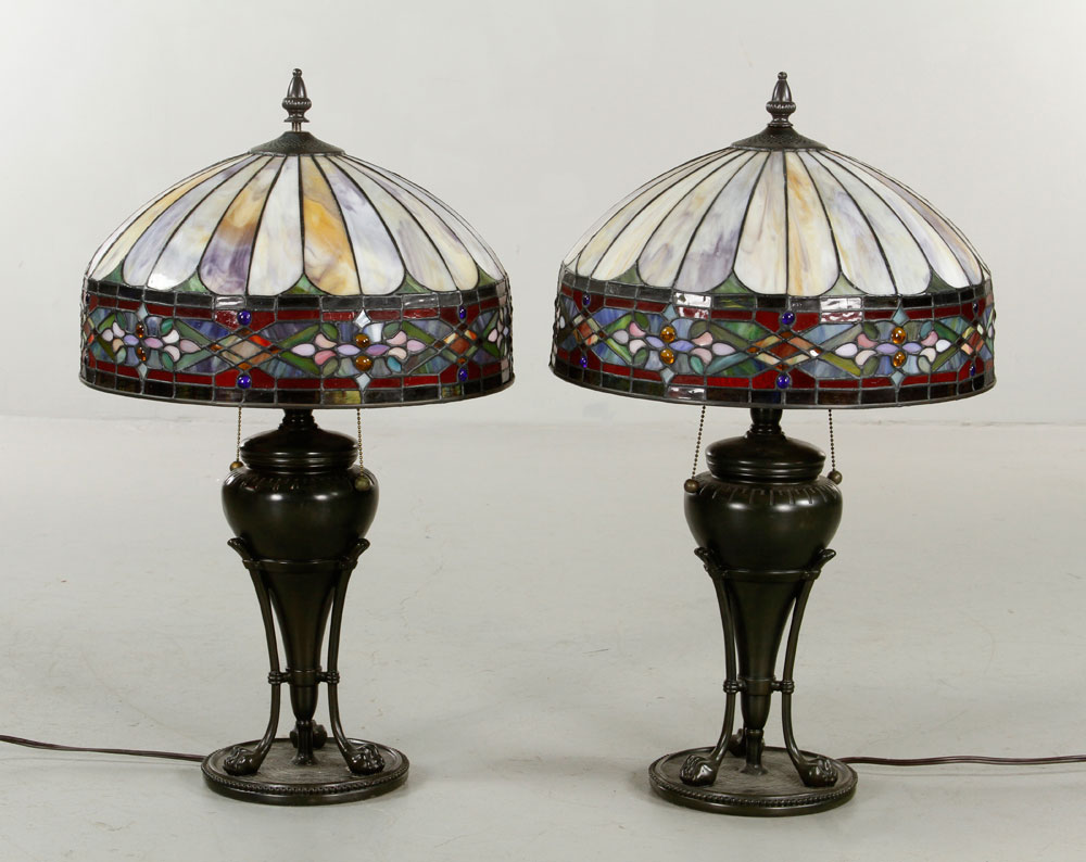 Appraisal: - Pr Stained Glass Lamps Pair of lamps with stained