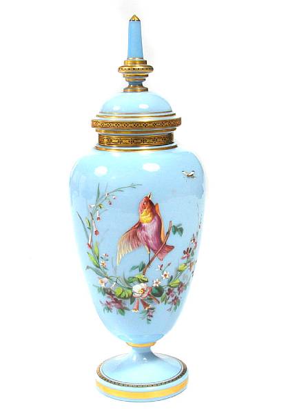 Appraisal: An opaline paint decorated covered vase by Webb height in