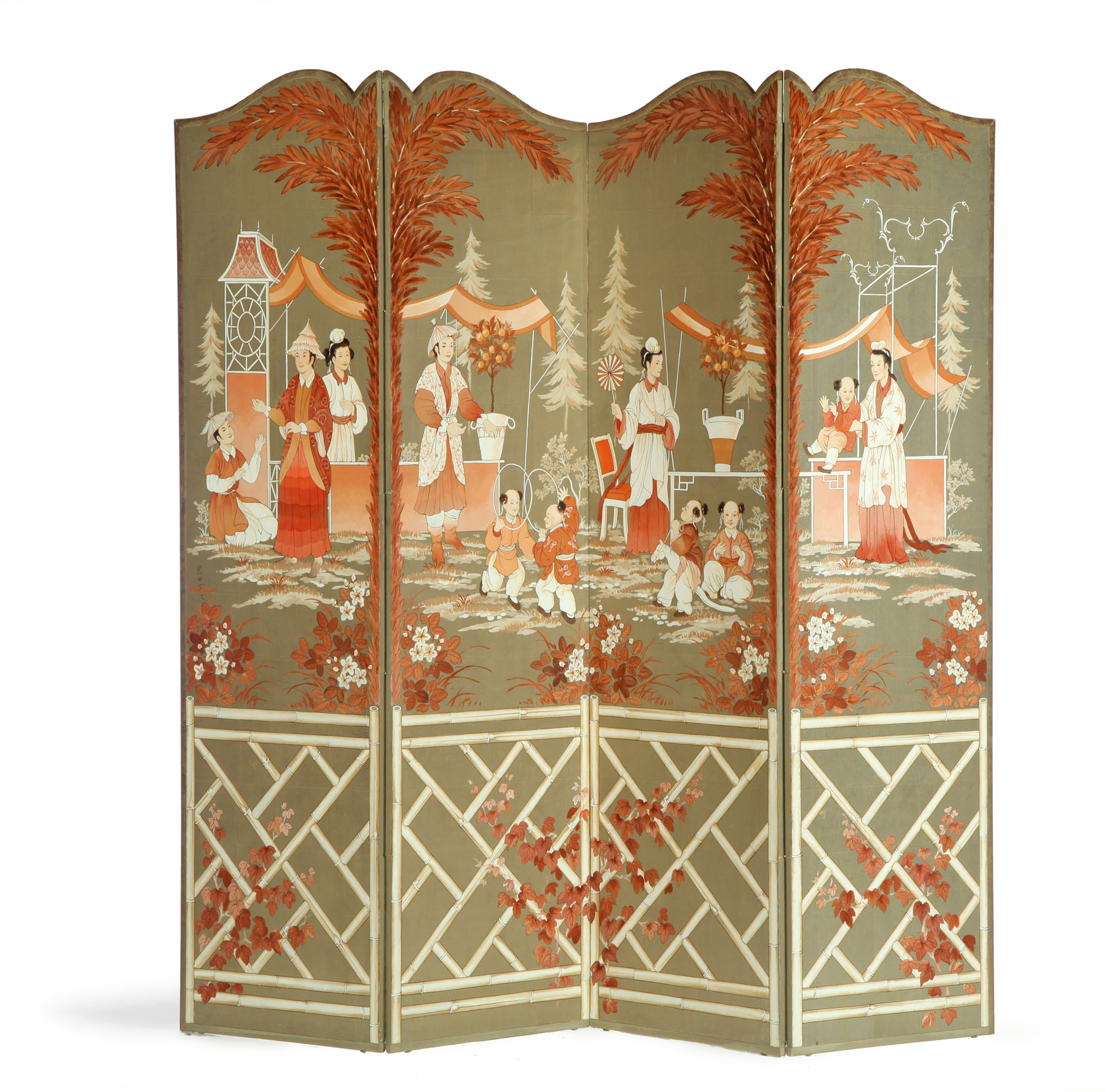 Appraisal: HAND PAINTED ORIENTAL-STYLE SCREEN Probably American mid th century paper