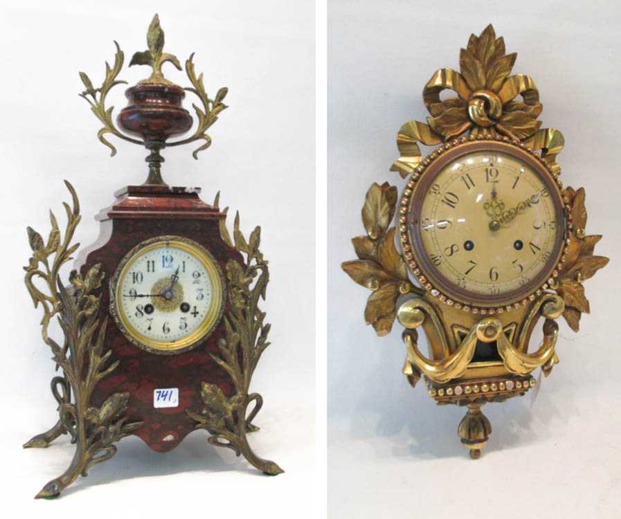 Appraisal: TWO EUROPEAN CLOCKS French rose marble case mantel clock Jules