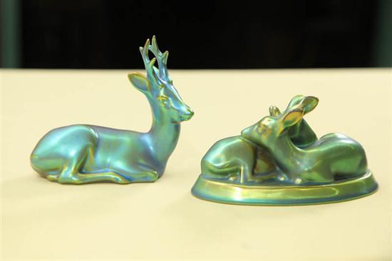 Appraisal: TWO ZSOLNAY PIECES Both green iridescent A reclining deer h