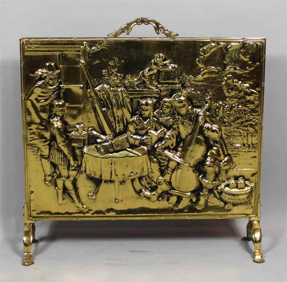 Appraisal: BRASS FIRESCREEN rectangular with a relief of musicians at a