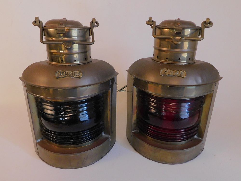 Appraisal: PAIR BRASS SHIP LAMPS Pair vintage brass electric port starboard