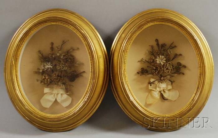 Appraisal: Pair of th Century Oval Giltwood Framed Hairwork Floral Bouquet