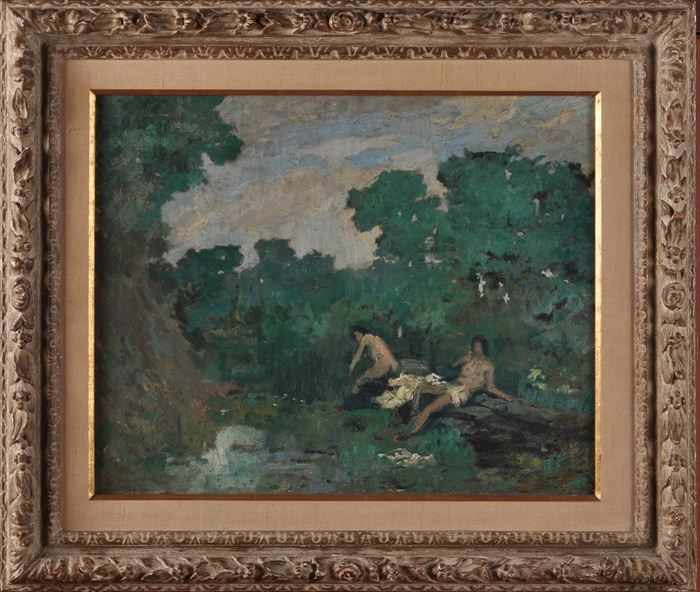 Appraisal: TH C SCHOOL LANDSCAPE WITH BATHERS IN FOREST Oil on