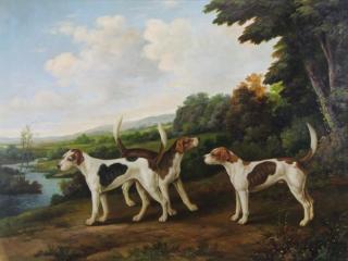 Appraisal: th Century Oil on Canvas of Hunting Dogs i Landscape