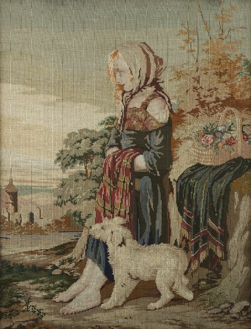 Appraisal: A Victorian needlework picture woven in wool with a girl