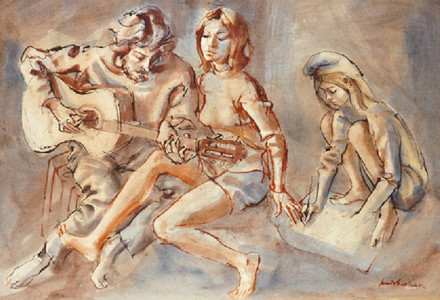 Appraisal: Louis V Kahan - The Guitar Player ink and watercolour