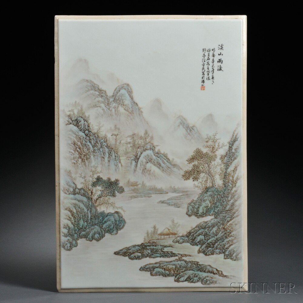 Appraisal: Porcelain Plaque China depicting a misty river landscape with distant