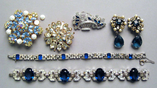 Appraisal: Trifari imitation-sapphire and rhinestone bracelet ca 's together with an