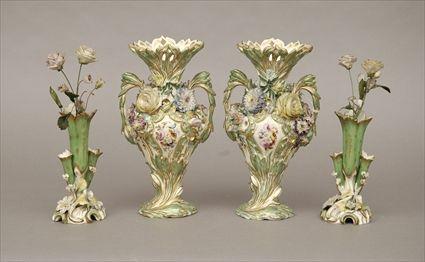 Appraisal: Two Pair of Mantel Vases with Floral-Encrusted Decoration