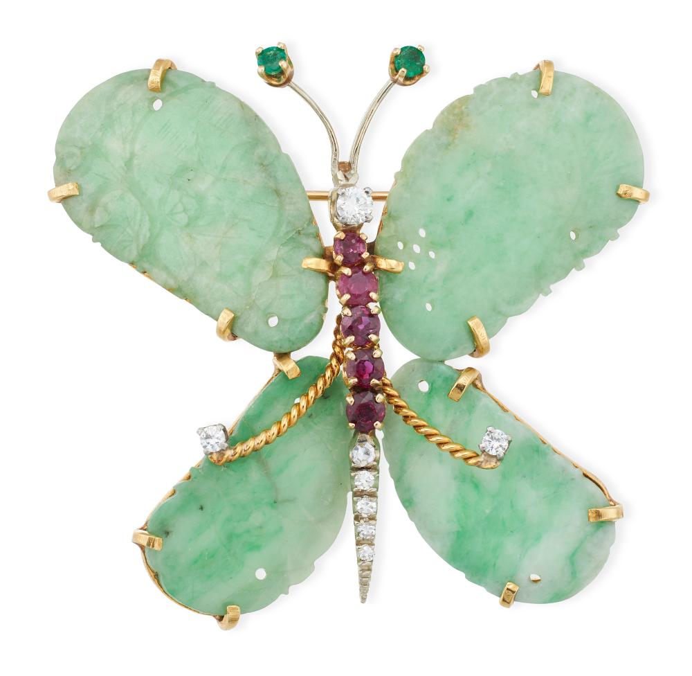 Appraisal: DIAMOND RUBY EMERALD JADEITE PLATINUM AND KT YELLOW GOLD BUTTERFLY