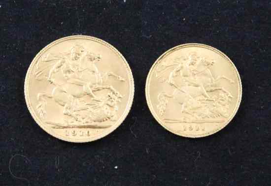 Appraisal: A gold sovereign and a half sovereign Estimate - Descriptions