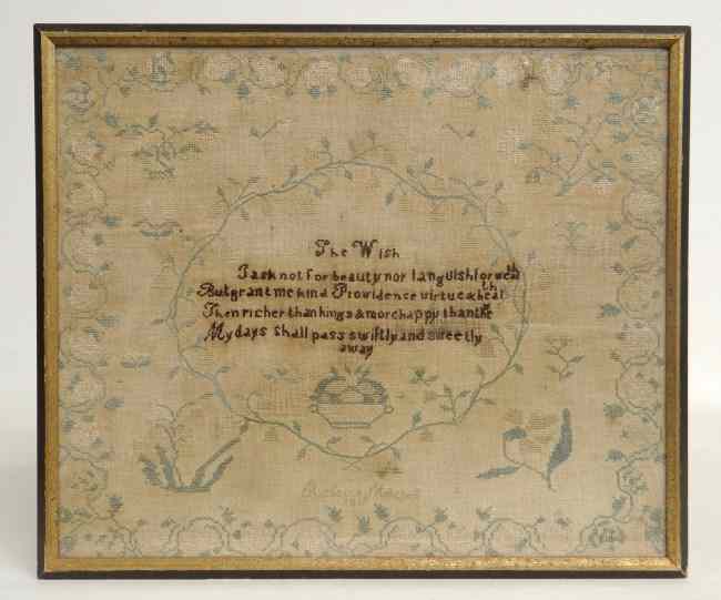 Appraisal: th c needlework sampler with verse name and date Sight