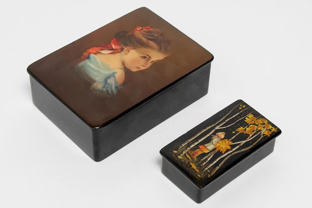 Appraisal: Russian Lacquered Hand-Painted Boxes Vintage Russian lacquered boxes two vintage