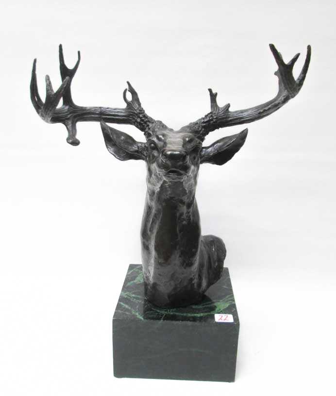 Appraisal: BRONZE WILDLIFE SCULPTURE bust of a buck deer raised on