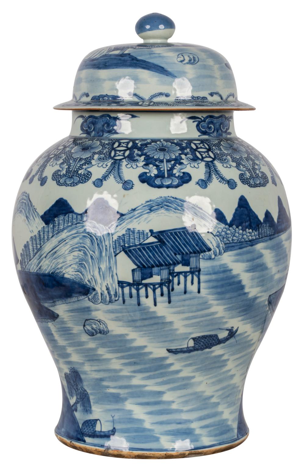 Appraisal: CHINESE BLUE AND WHITE PORCELAIN COVERED JARunmarked depicting a landscape