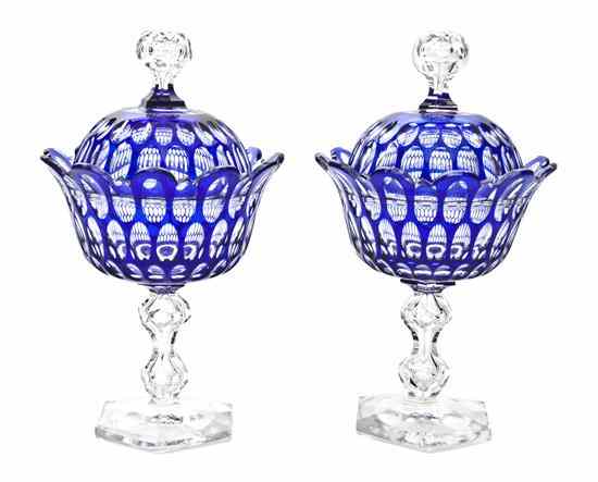 Appraisal: A Pair of Bohemian Cobalt Cut to Clear Covered Compotes