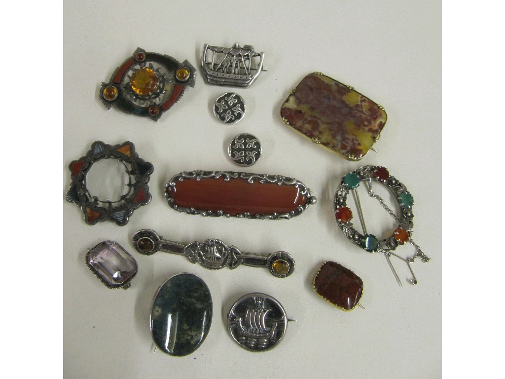 Appraisal: Lot comprising seven Scottish silver stone set brooches two silver