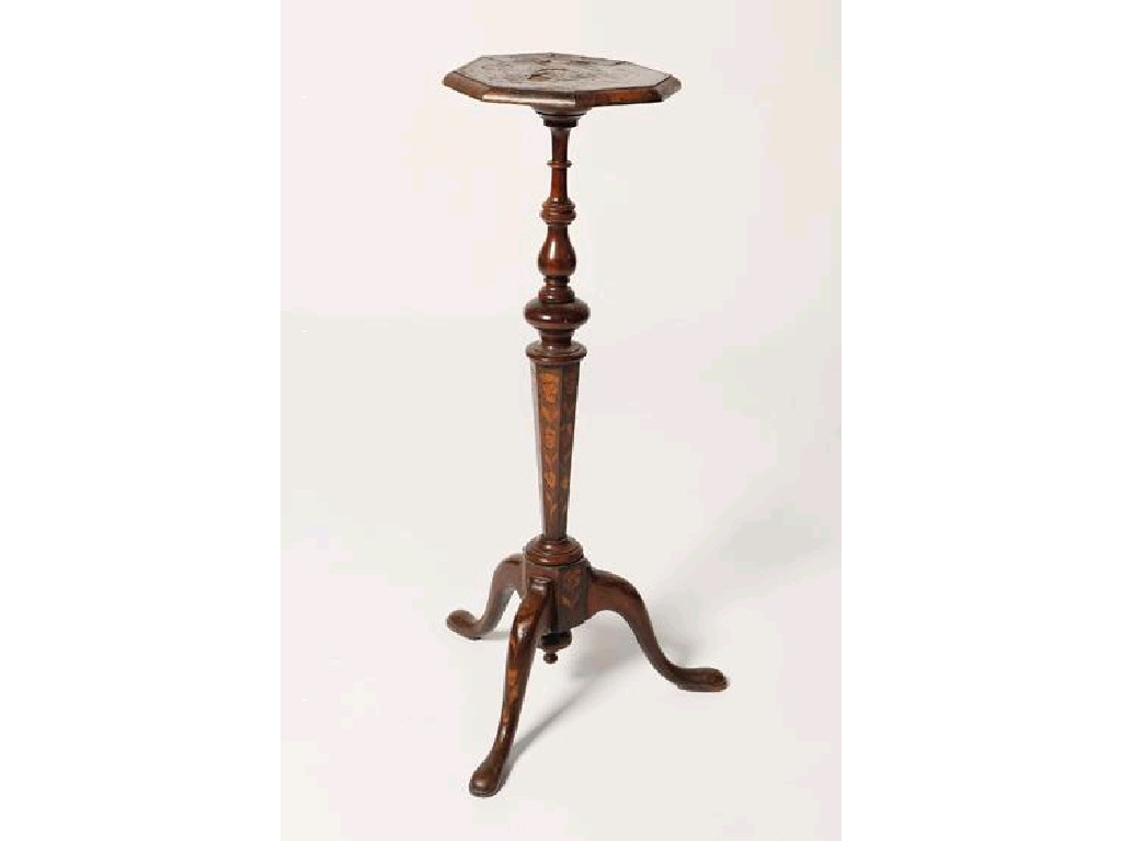 Appraisal: A DUTCH WALNUT AND MARQUETRY TORCHERE the octagonal top with