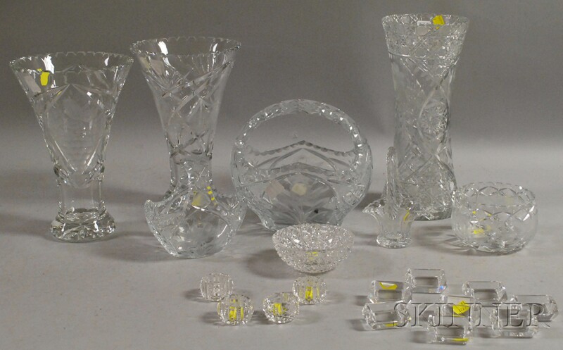 Appraisal: Three Colorless Cut Glass Vases Three Baskets Two Bowls and