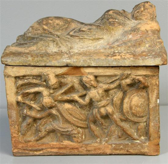 Appraisal: Etruscan stone sarcophagus the front panel moulded in relief with