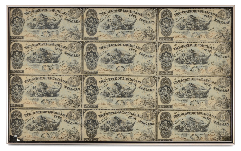 Appraisal: PIECE UNCUT SHEET LOUISIANA CONFEDERATE CURRENCY Confederate notes on one