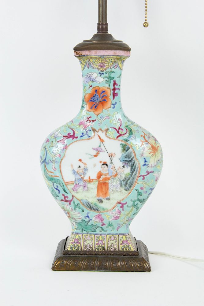 Appraisal: A Famille Rose Turquoise Ground Vase as a Lamp Chinese