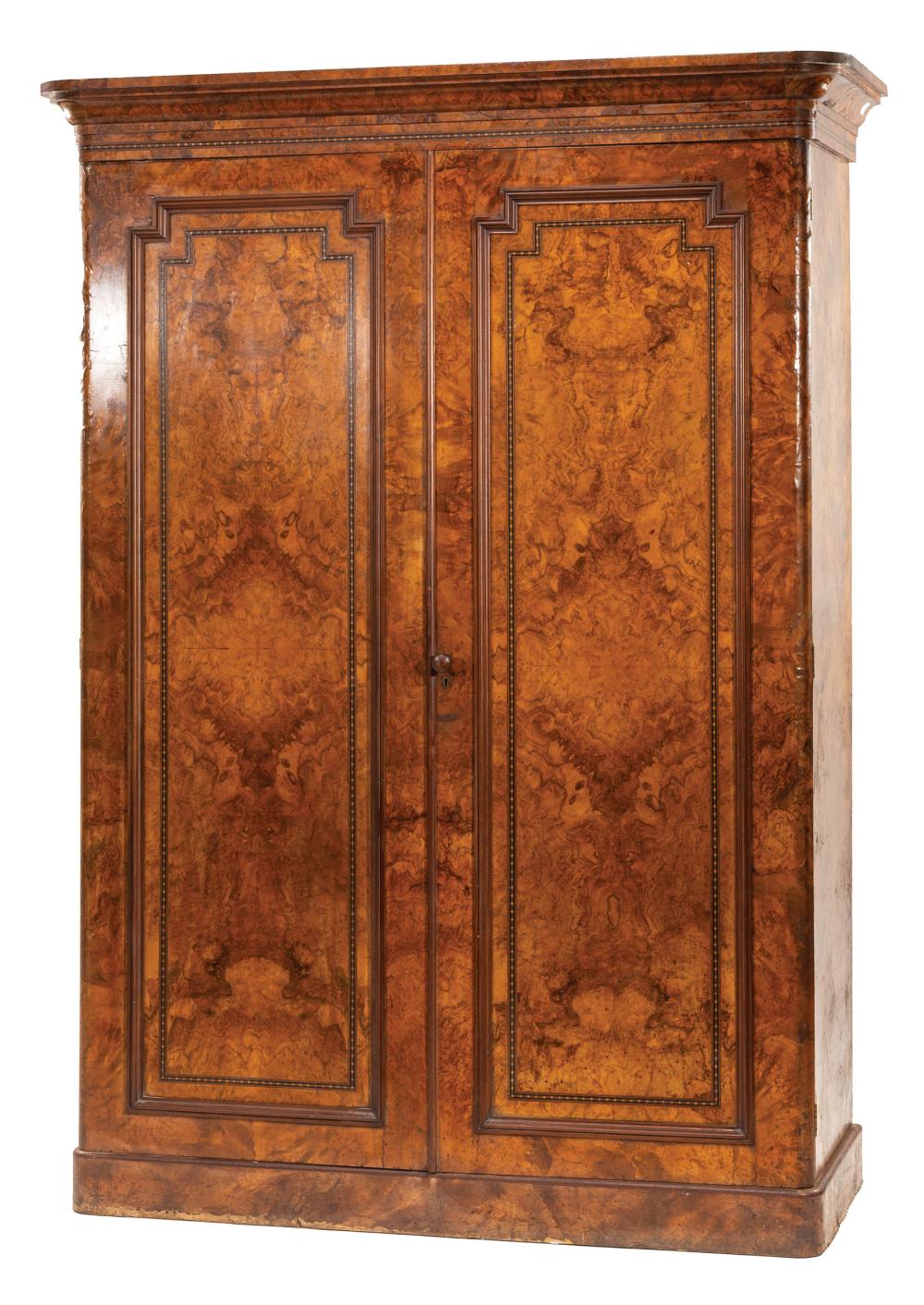 Appraisal: Antique English Inlaid Burled Walnut Armoire mid- th c cyma