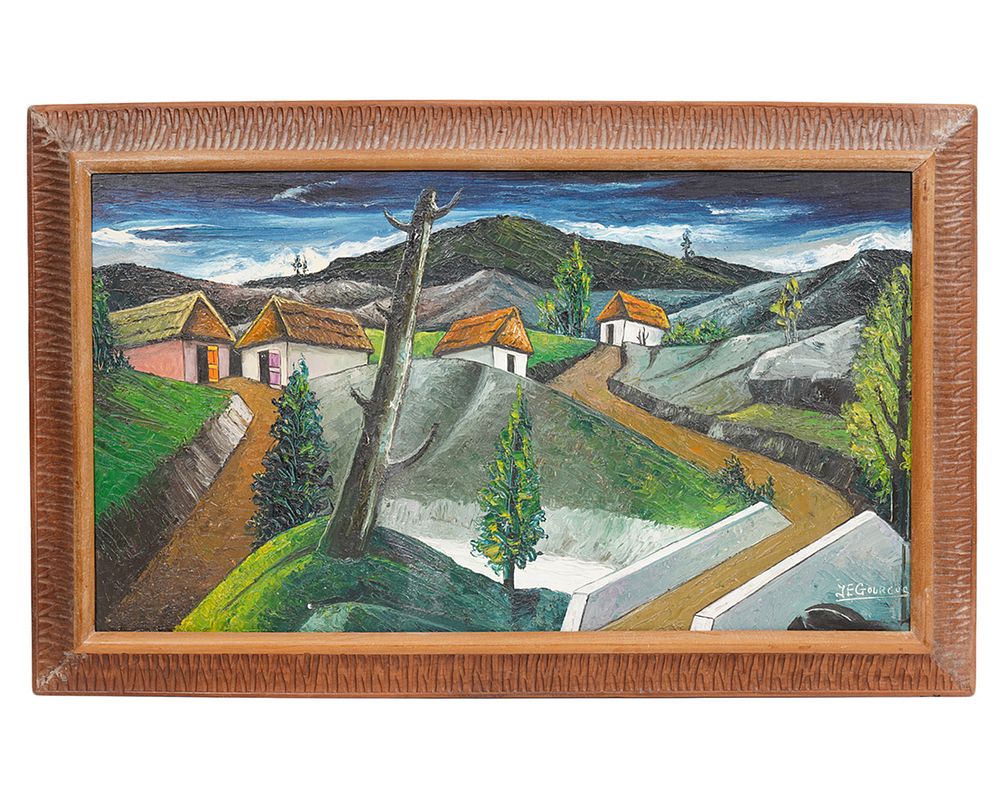 Appraisal: J E Gourgue 'Homes on Hillside' Oil on Board Jacques-Enguerrand