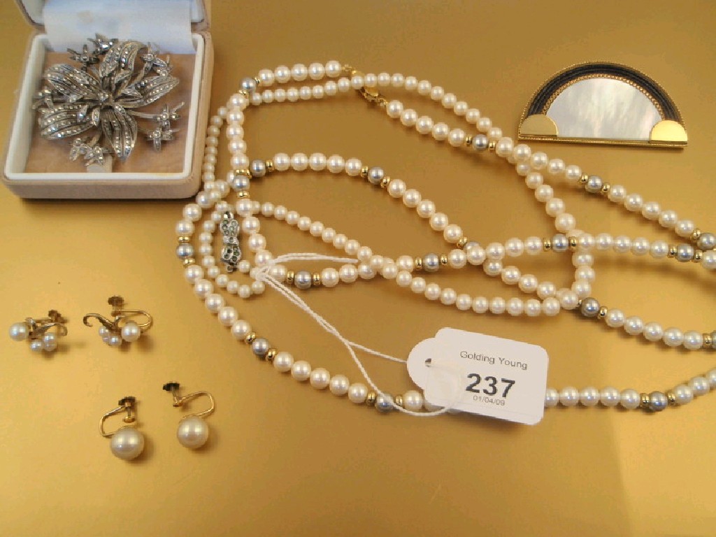 Appraisal: A costume brooch pearl necklaces earrings and marcasite brooch