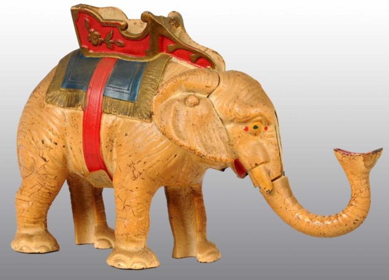 Appraisal: Cast Iron Elephant with Howdah Mechanical Bank Description Manufactured by