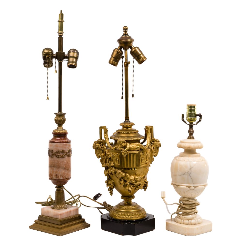 Appraisal: NEOCLASSICAL REVIVAL STYLE ORMOLU AND STONE TABLE LAMPS items including