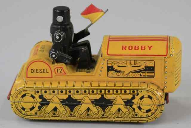 Appraisal: ROBBY ROBOT BULLDOZER Marusan Japan lithographed tin yellow body black