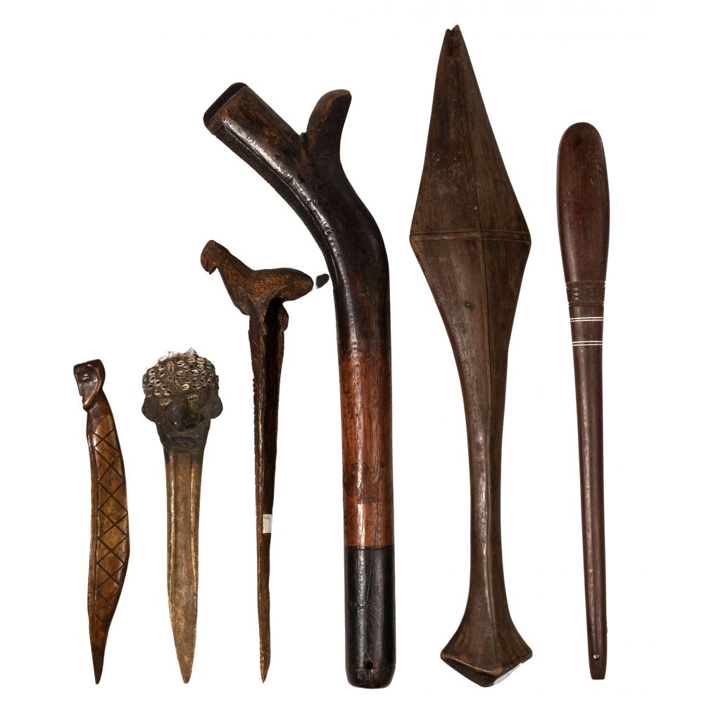 Appraisal: OCEANIC WEAPON ASSORTMENT items including carved wood clubs carved bone