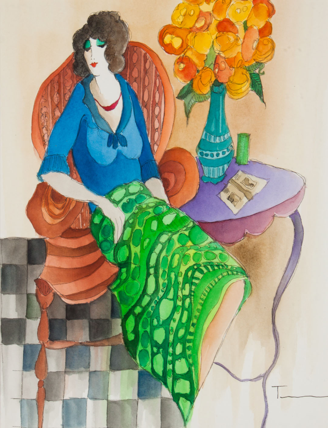 Appraisal: Itzchak Tarkay Seated Woman watercolor Israeli - Watercolor on paper