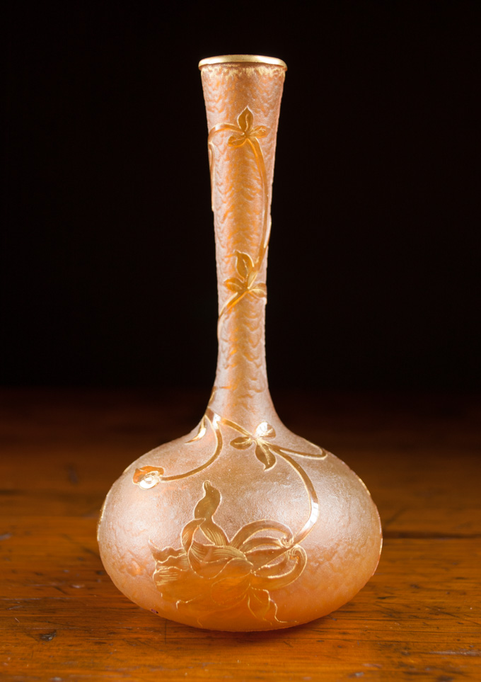 Appraisal: DAUM NANCY CAMEO GLASS STICK VASE with foreground of iris