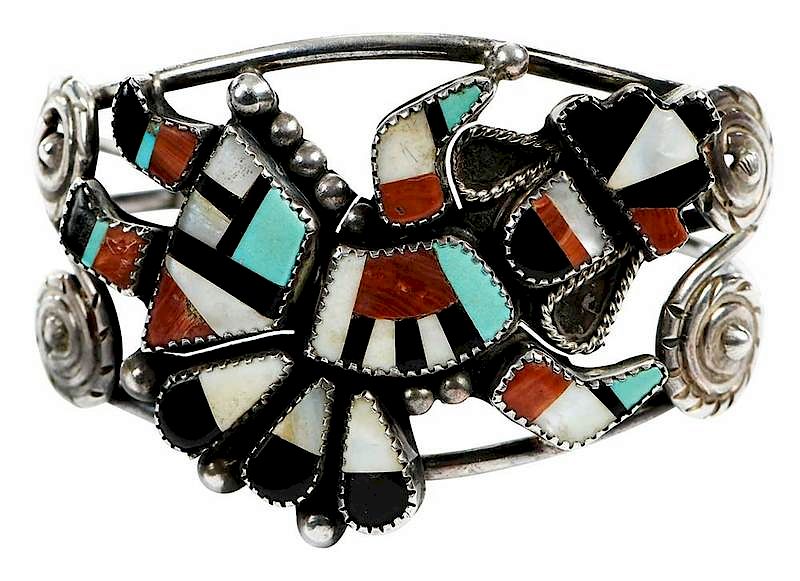 Appraisal: Southwest Silver and Gemstone Cuff Bracelet inlaid Rainbow Man design