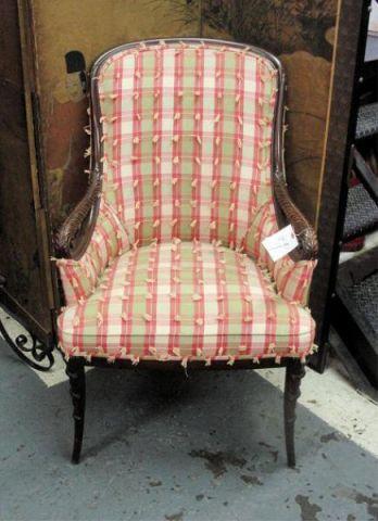 Appraisal: Pair of Upholstered Fireside Chairs with Carved Plume Form Arms