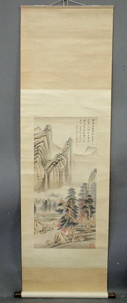 Appraisal: - Asian scroll of a mountain and valley scene painted