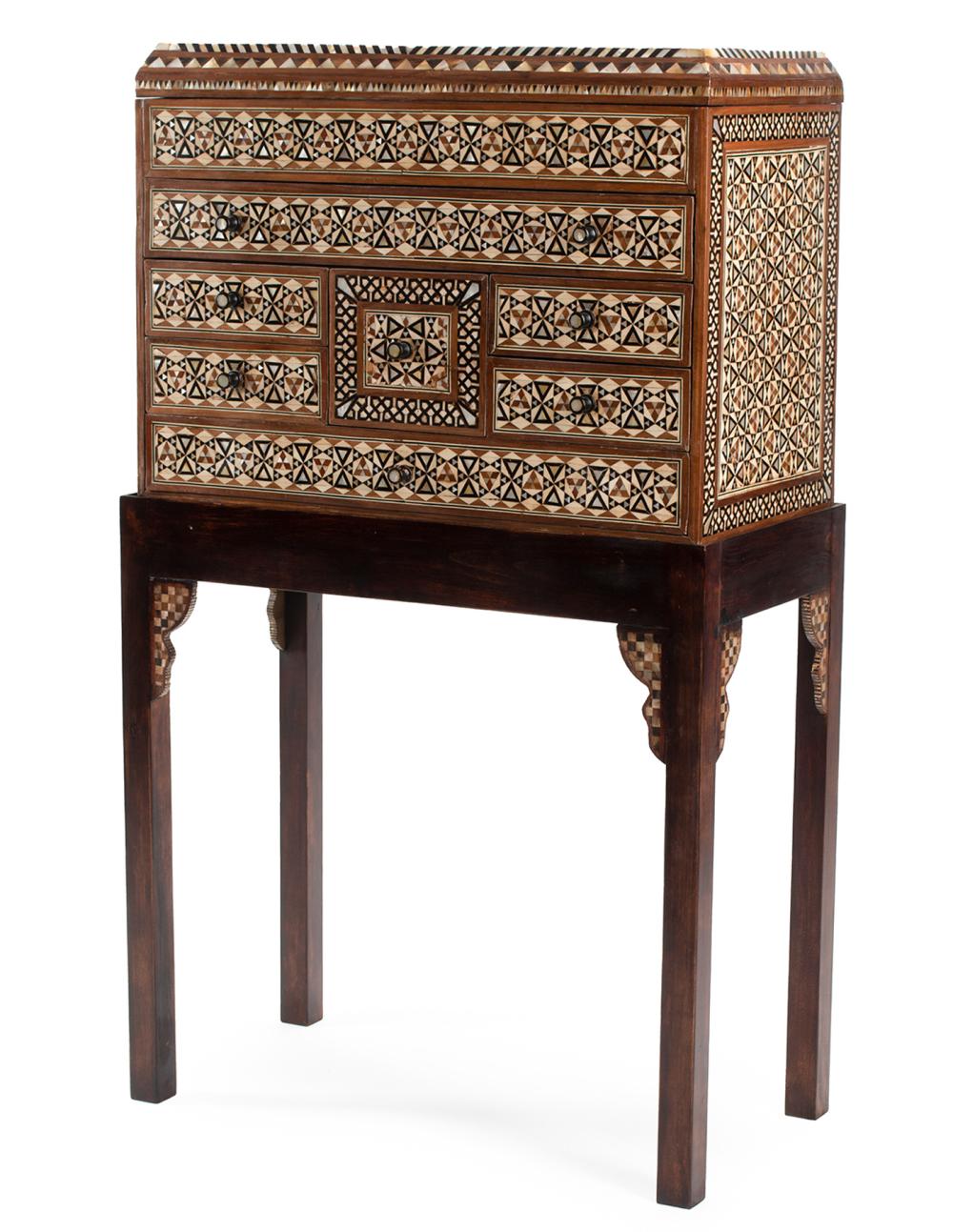 Appraisal: Moorish-Style Inlaid Hardwood Cabinet on Stand geometric motif case bank