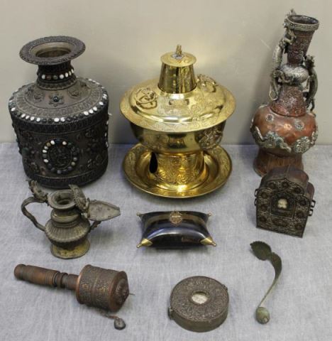 Appraisal: Assorted Vintage Chinese Tibetan Metal Items Includes a brass coal